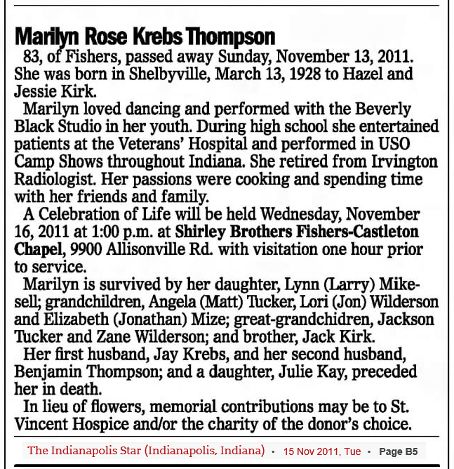Marily Rose Krebs Thompson obituary (1272 KB) 15 November 2011 from page B5 of The Indianapolis Star (Indianapolis, Indiana) (Click on Picture to View Full Size) picture