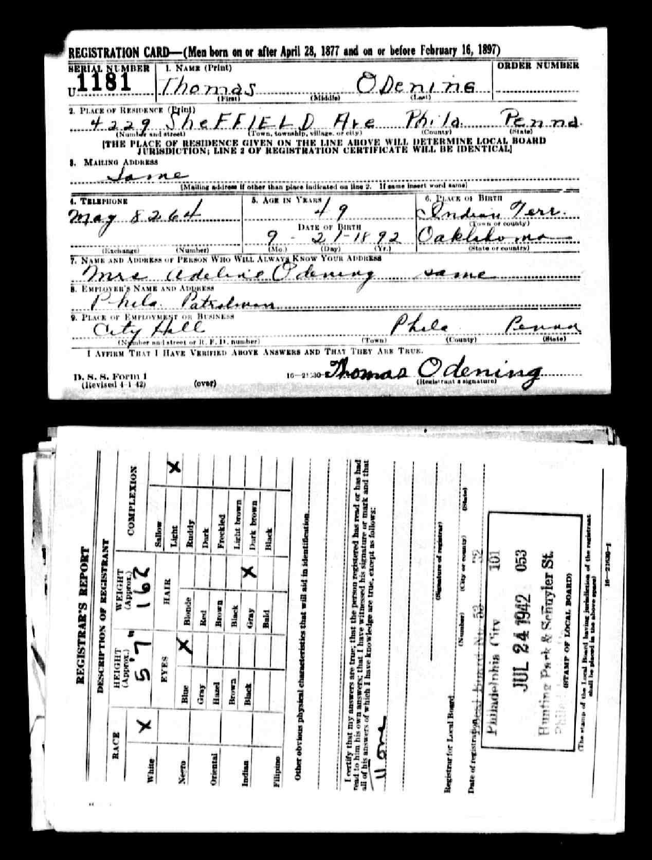 Thomas Odening WW2 draft registration card (6211 KB) 1942 Thomas Odening, b. 21 Sep 1892 — WW2 draft registration card (Click on Picture to View Full Size) picture