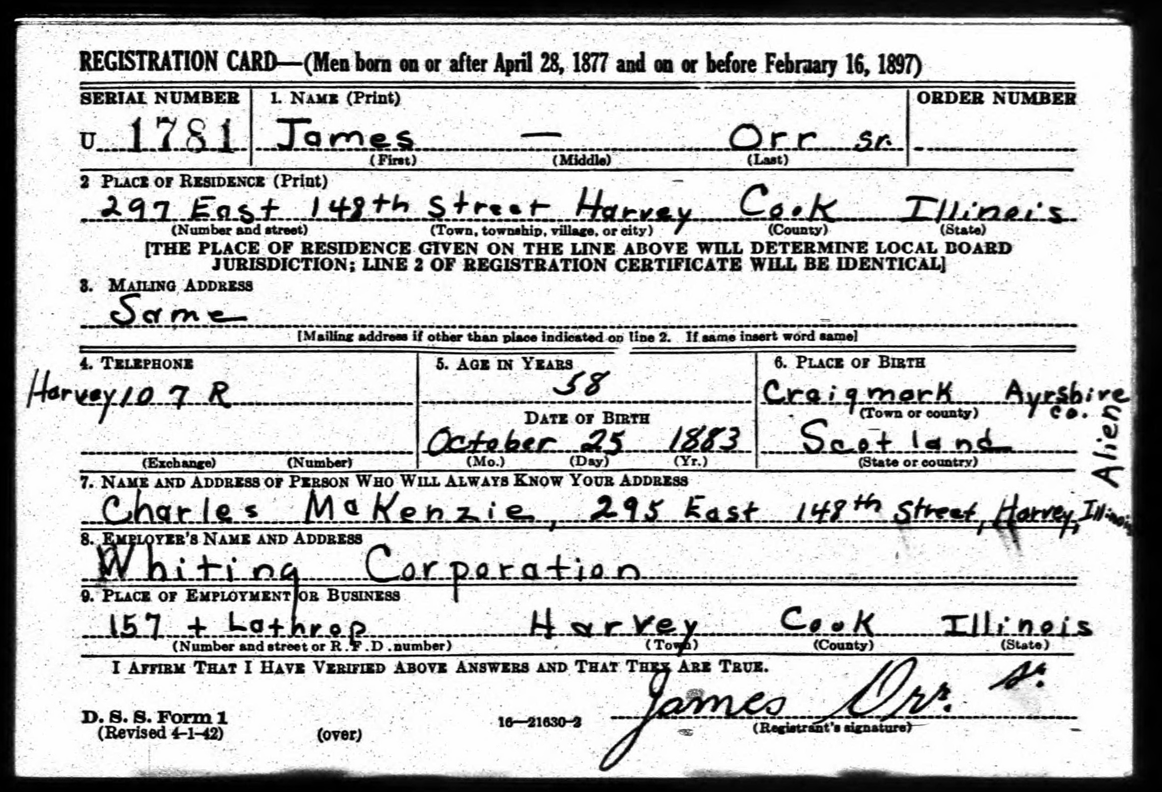 James Orr Sr. WW2 draft registration card (front) (3626 KB) 27 April 1942 James Orr, Sr., b. 25 Oct 1883 — WW2 draft registration card (front) (Click on Picture to View Full Size) picture