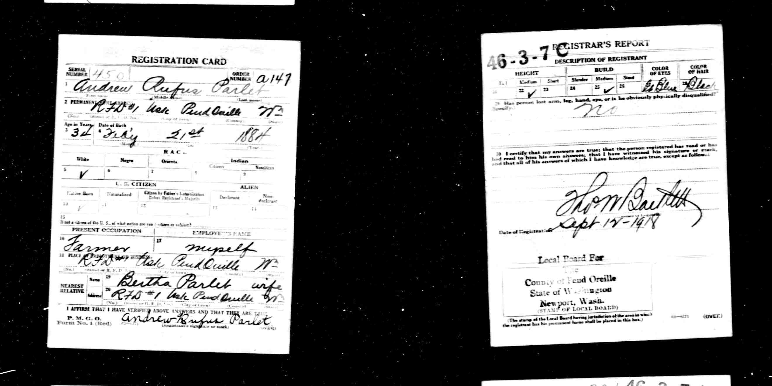 draft card (Andrew Rufus Parlet) (10209 KB) 12 September 1918 Andrew Rufus Parlet — WWI draft registration card (Click on Picture to View Full Size) picture