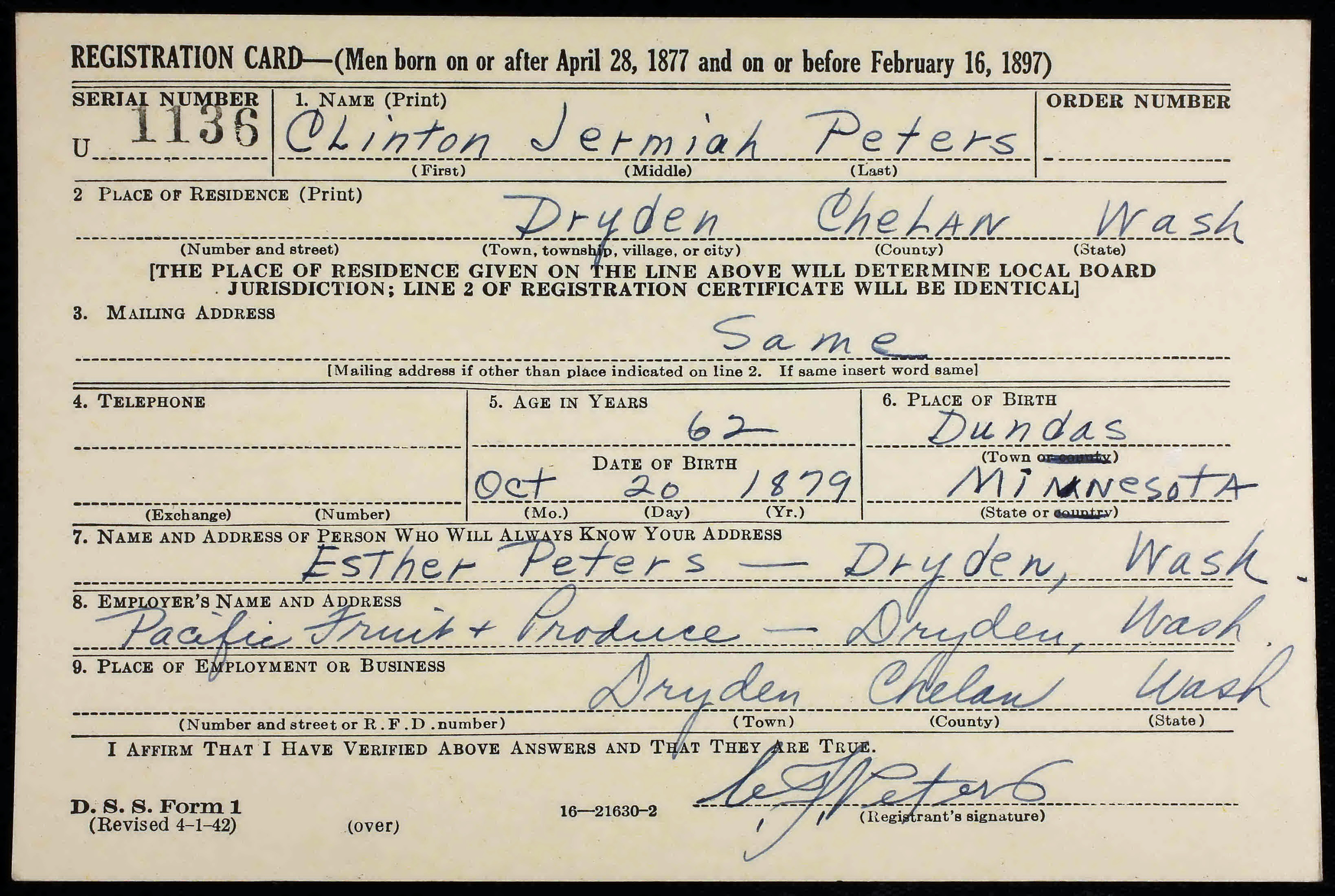 Clinton Jermiah Peters WW2 draft registration card (front) (21150 KB) 27 April 1942 Clinton Jermiah Peters, b. 20 Oct 1879 — WW2 draft registration card (front) (Click on Picture to View Full Size) picture