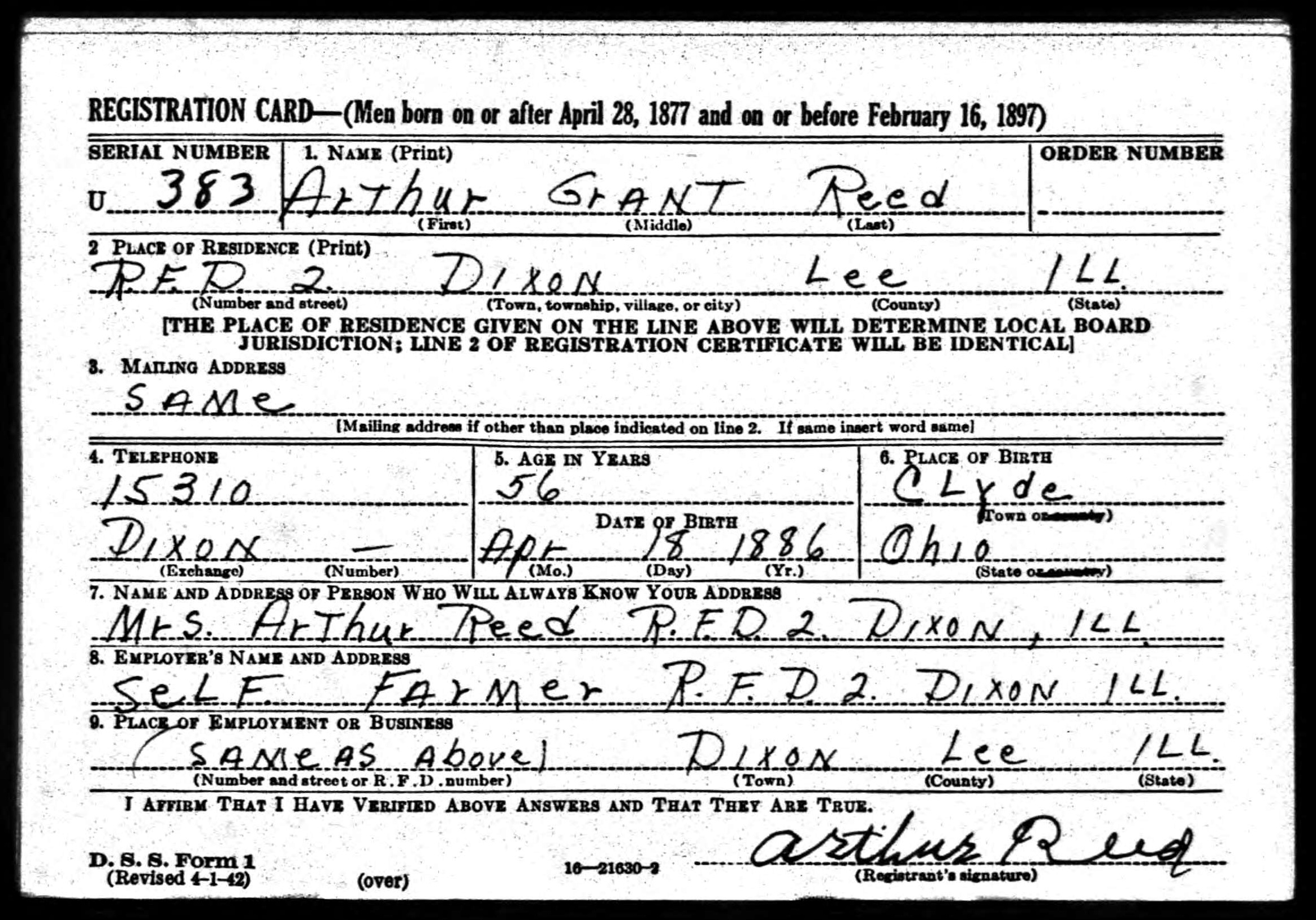 Arthur Grant Reed, b. 18 April 1886 — WW2 draft card, page 1 (3698 KB) 27 April 1942 (Click on Picture to View Full Size) picture