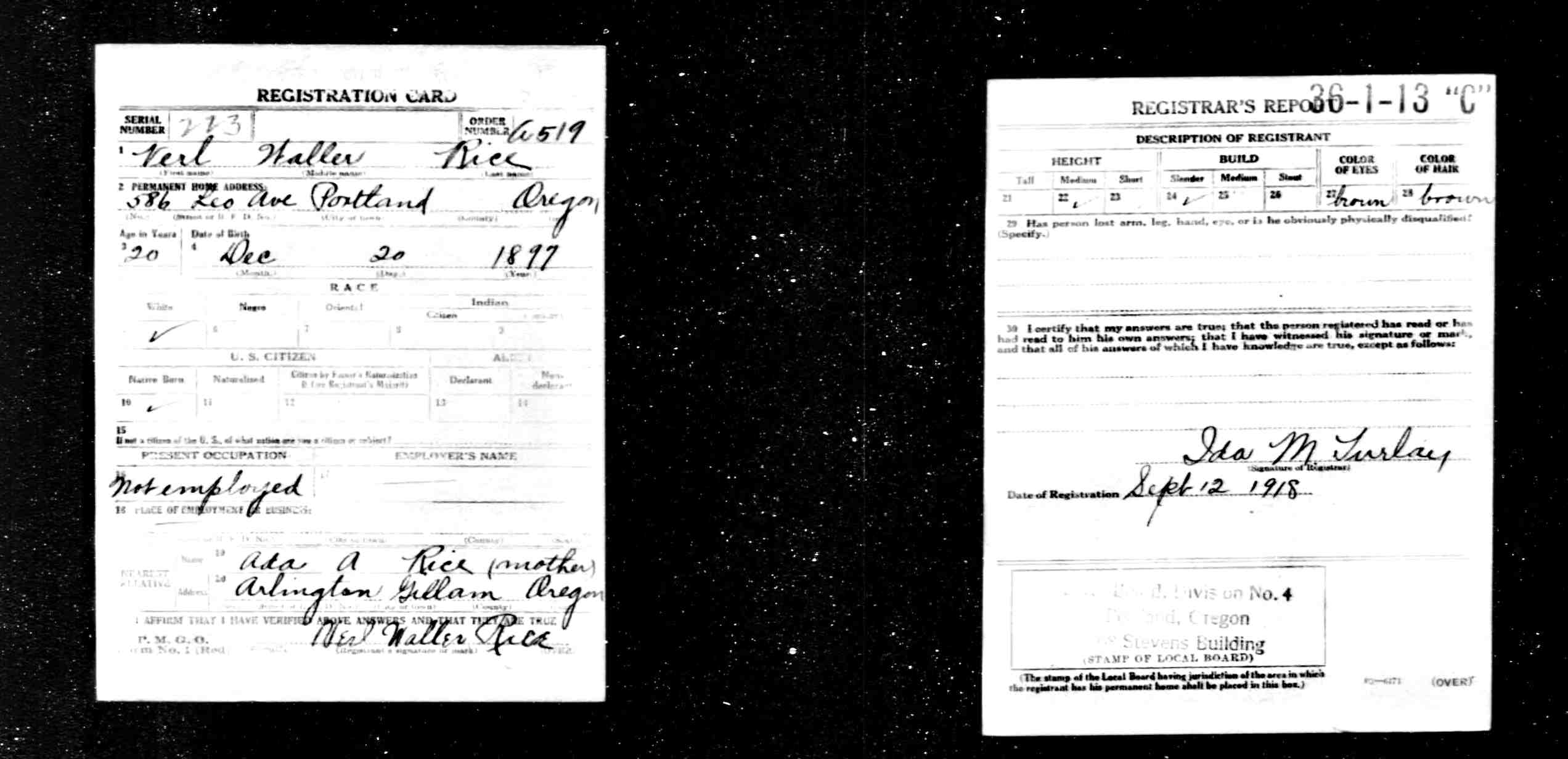 draft card (9182 KB) 1918 Verl Waller Rice - WWI draft registration card (Click on Picture to View Full Size) picture