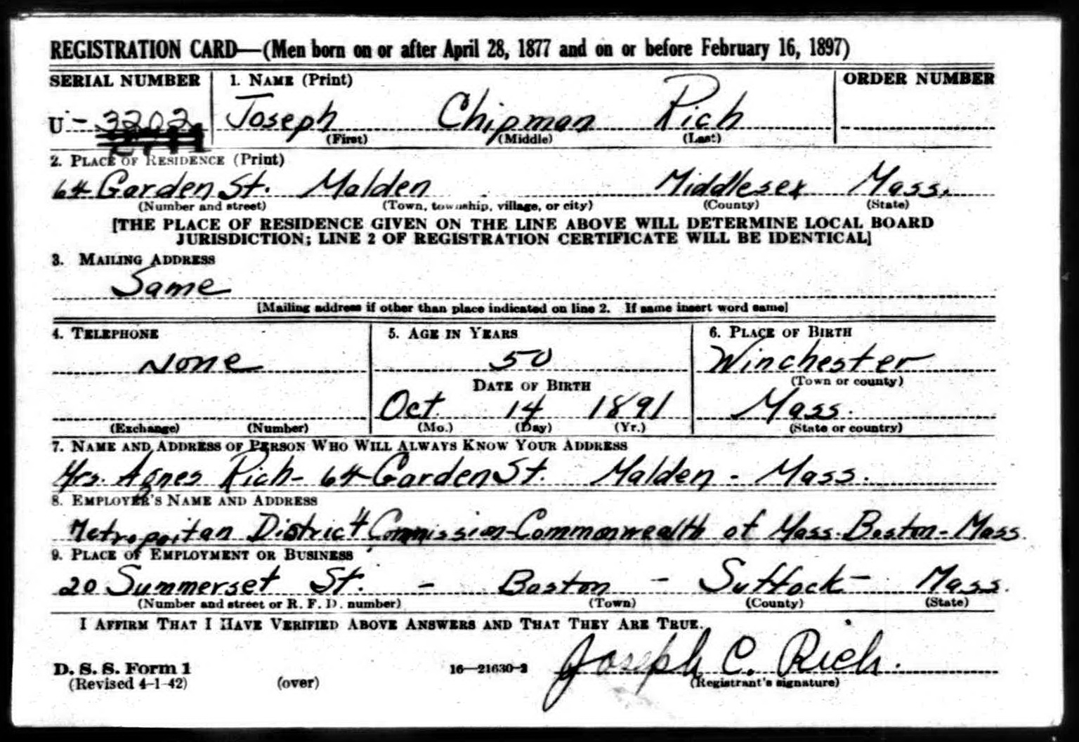 Joseph Chipman Rich WW2 draft registration card (front) (4756 KB) 27 April 1942 Joseph Chipman Rich, b. 14 Oct 1891 — WW2 draft registration card, front (from the MIUSA1939B_082581 roll) (Click on Picture to View Full Size) picture