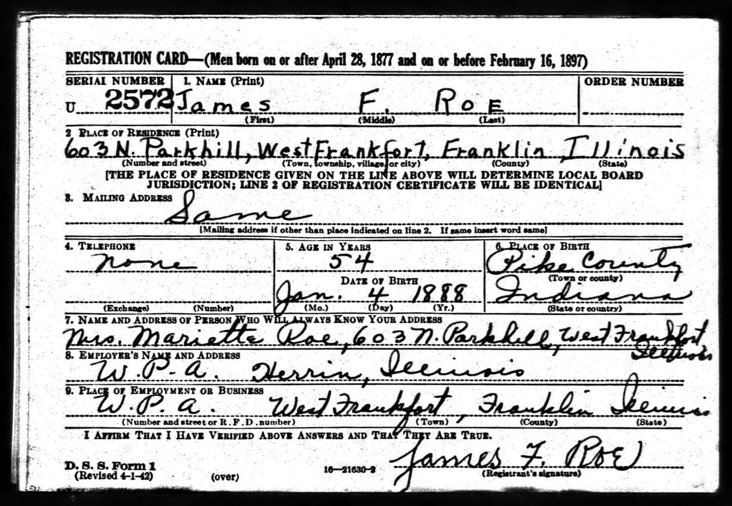 James F. Roe WW2 draft registration card (front) (10983 KB) 1942 James F. Roe, b. 4 Jan 1888 — WW2 draft registration card (front) (Click on Picture to View Full Size) picture