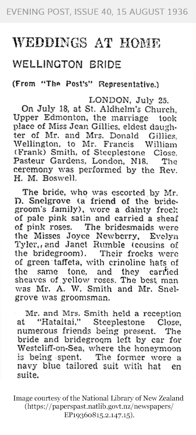 Smith-Gillies wedding in London (975 KB) 15 August 1936 from page 18 of The Evening Post (Wellington, New Zealand) on Saturday, 15 August 1936 (Click on Picture to View Full Size) picture