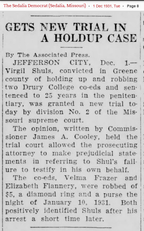 Virgil Shuls gets a new trial (1110 KB) 1 December 1931 from page 8 of the Sedalia Democrat (Sedalia, Missouri) (Click on Picture to View Full Size) picture