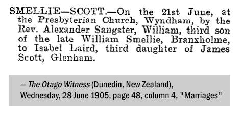 Smellie-Scott wedding (320 KB) 28 June 1905 from page 48 of The Otago Witness (Dunedin, NZ) (Click on Picture to View Full Size) picture