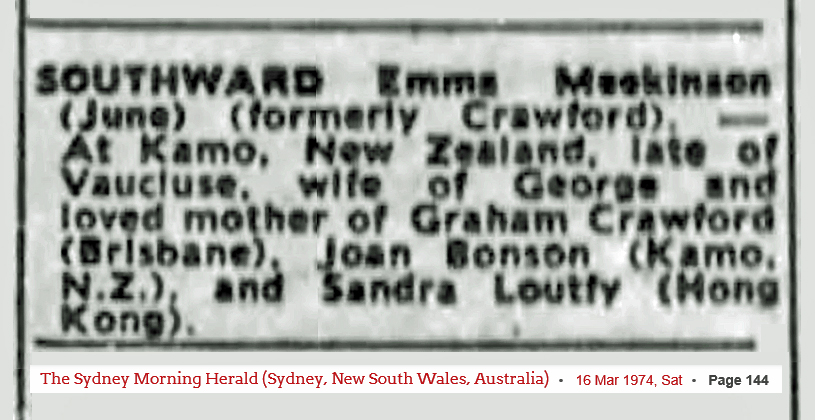 June Southward death notice (1006 KB) 16 March 1974 from page 144 of The Sydney Morning Herald (Sydney, NSW, Australia) on Saturday, 16 March 1974 (Click on Picture to View Full Size) picture