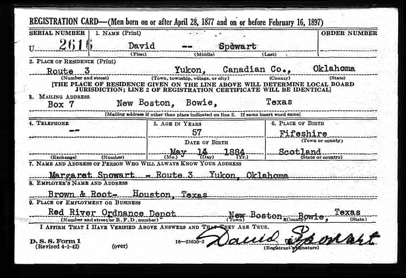 David Spowart WW2 draft registration card (front) (1190 KB) 27 April 1942 David Spowart, b. 14 May 1884 — WW2 draft registration card (front) (Click on Picture to View Full Size) picture