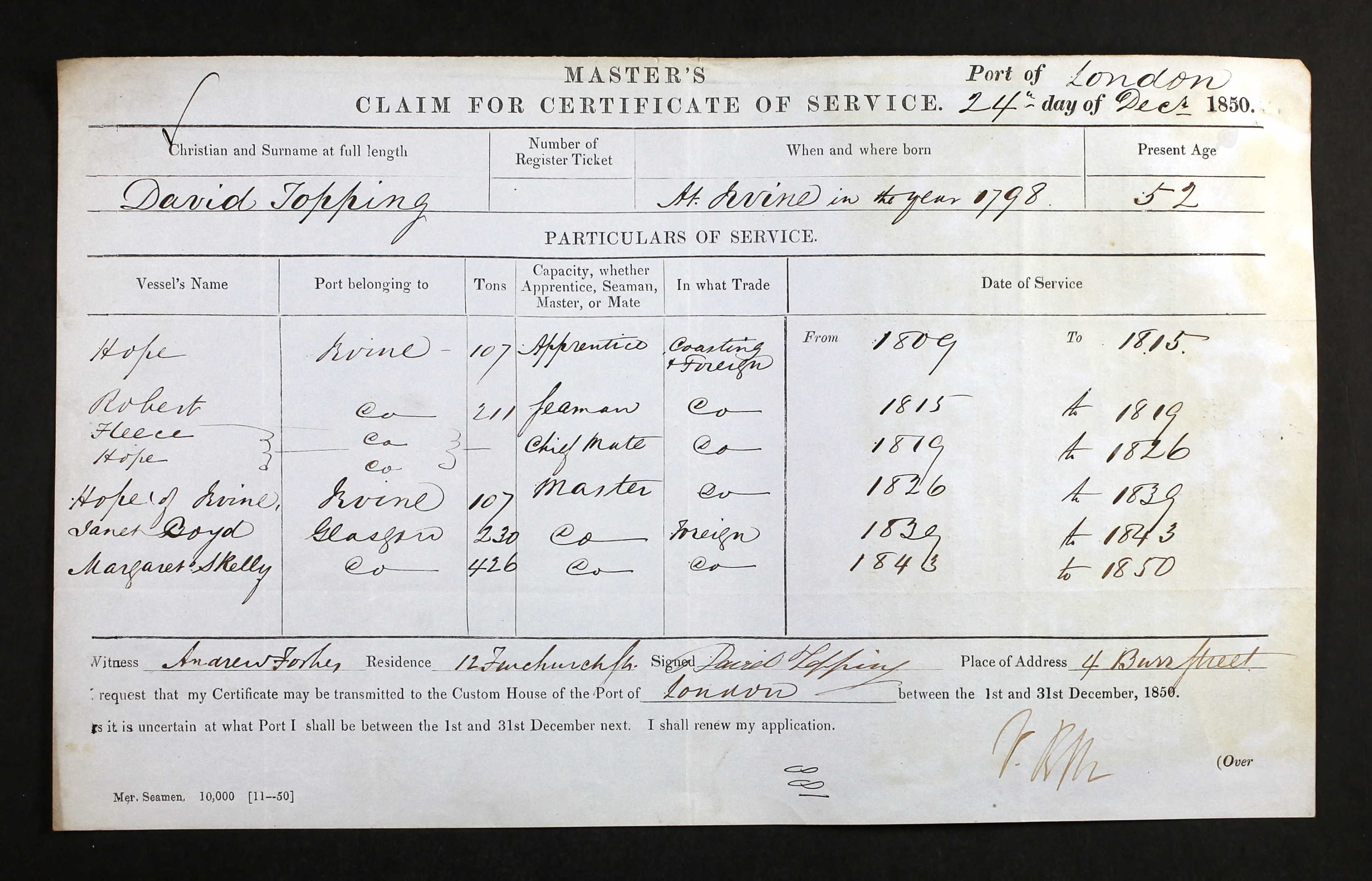 David's years of service as a mariner started when he was only 10 years old. (21133 KB) 24 December 1850 David's application claim for a master's certificate, once it became compulsory to have documentation supplied by the Board of Trade. (Click on Picture to View Full Size) picture
