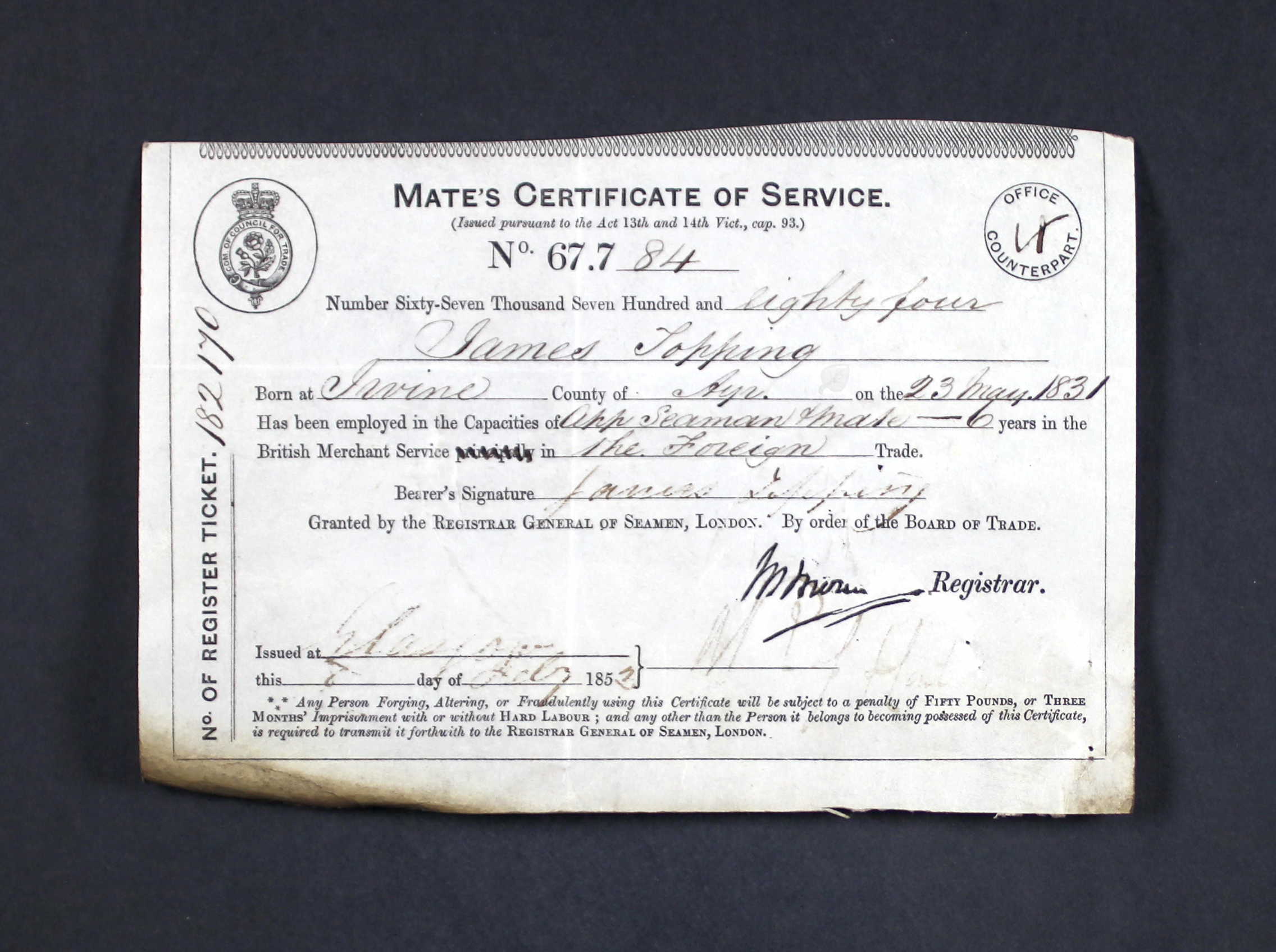 Mate's Certificate of Service for James Topping (certificate no. 67.784) (11289 KB) (Click on Picture to View Full Size) picture