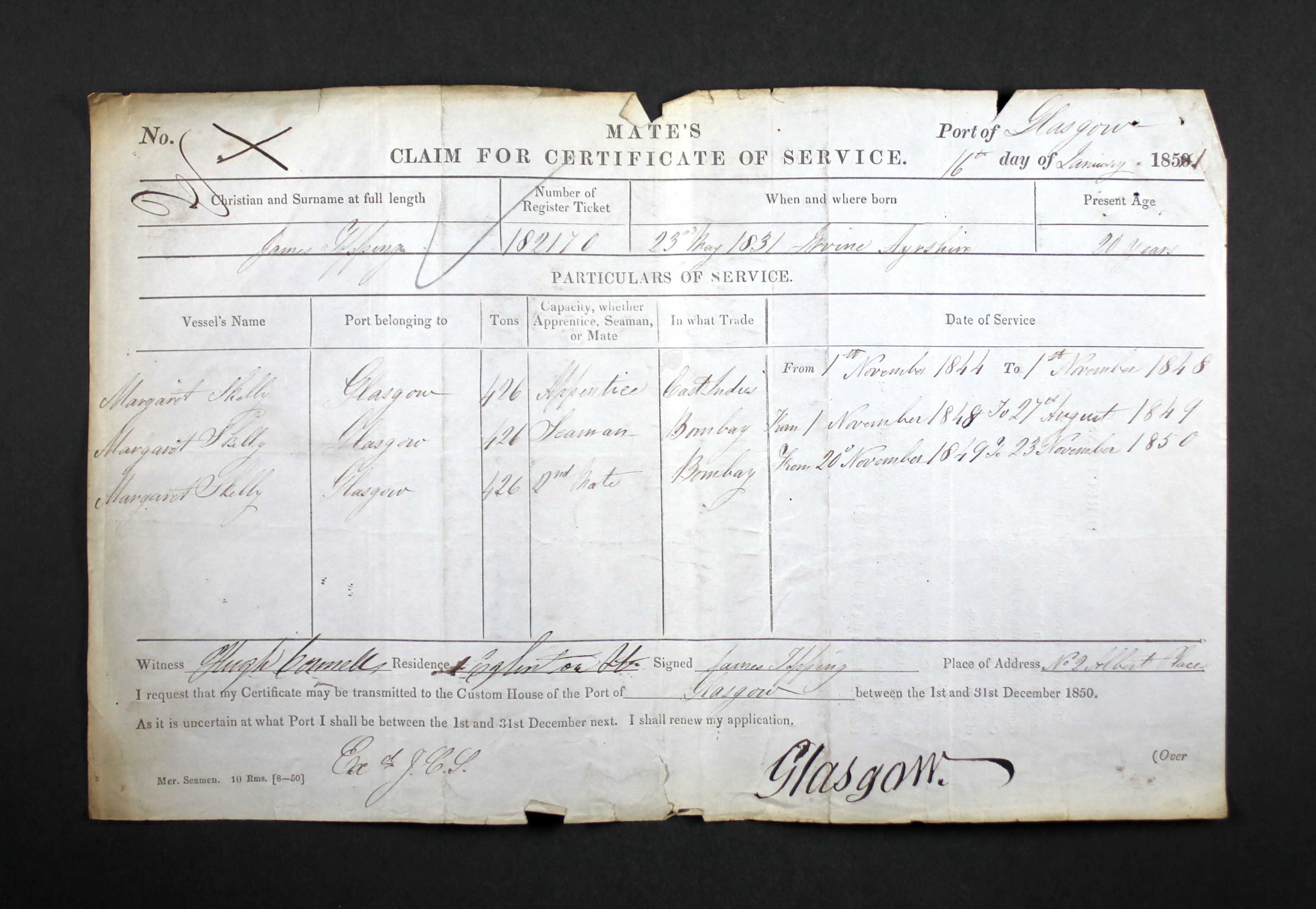 James' application claim for a mate's certificate, once it became compulsory to have documentation supplied by the Board of Trade. (21134 KB) 16 January 1851 (Click on Picture to View Full Size) picture