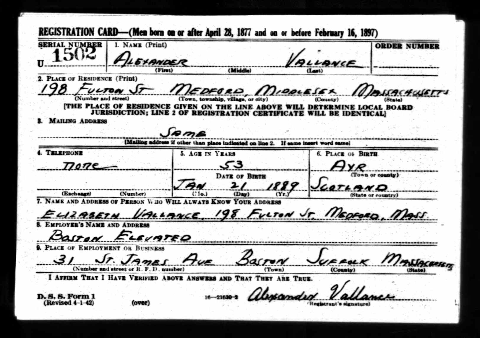 Alexander Vallance WW2 draft registration card (front) (1814 KB) 26 April 1942 Alexander Vallance, b. 21 Jan 1889 — WW2 draft registration card (front) (Click on Picture to View Full Size) picture