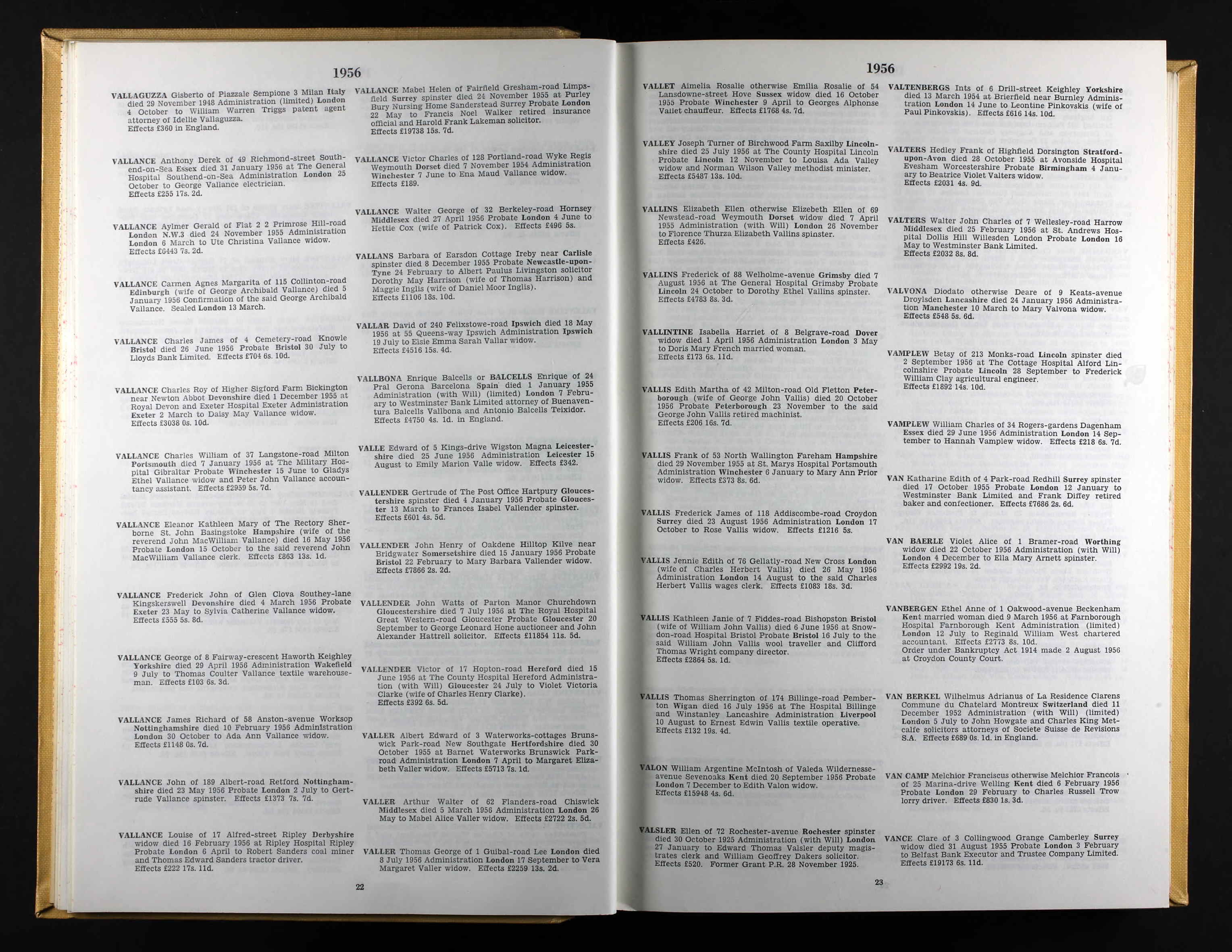 England & Wales National Probate Calendar Index — Vallance, Eleanor Kathleen Mary, d. 1956 Hampshire (21138 KB) England & Wales, National Probate Calendar (Index of Wills and Administrations), 1858 –1966; entry for Eleanor Kathleen Mary Vallance, d. 16 May 1956 Hampshire, probate 15 Oct 1956 in London Registry. (Click on Picture to View Full Size) picture