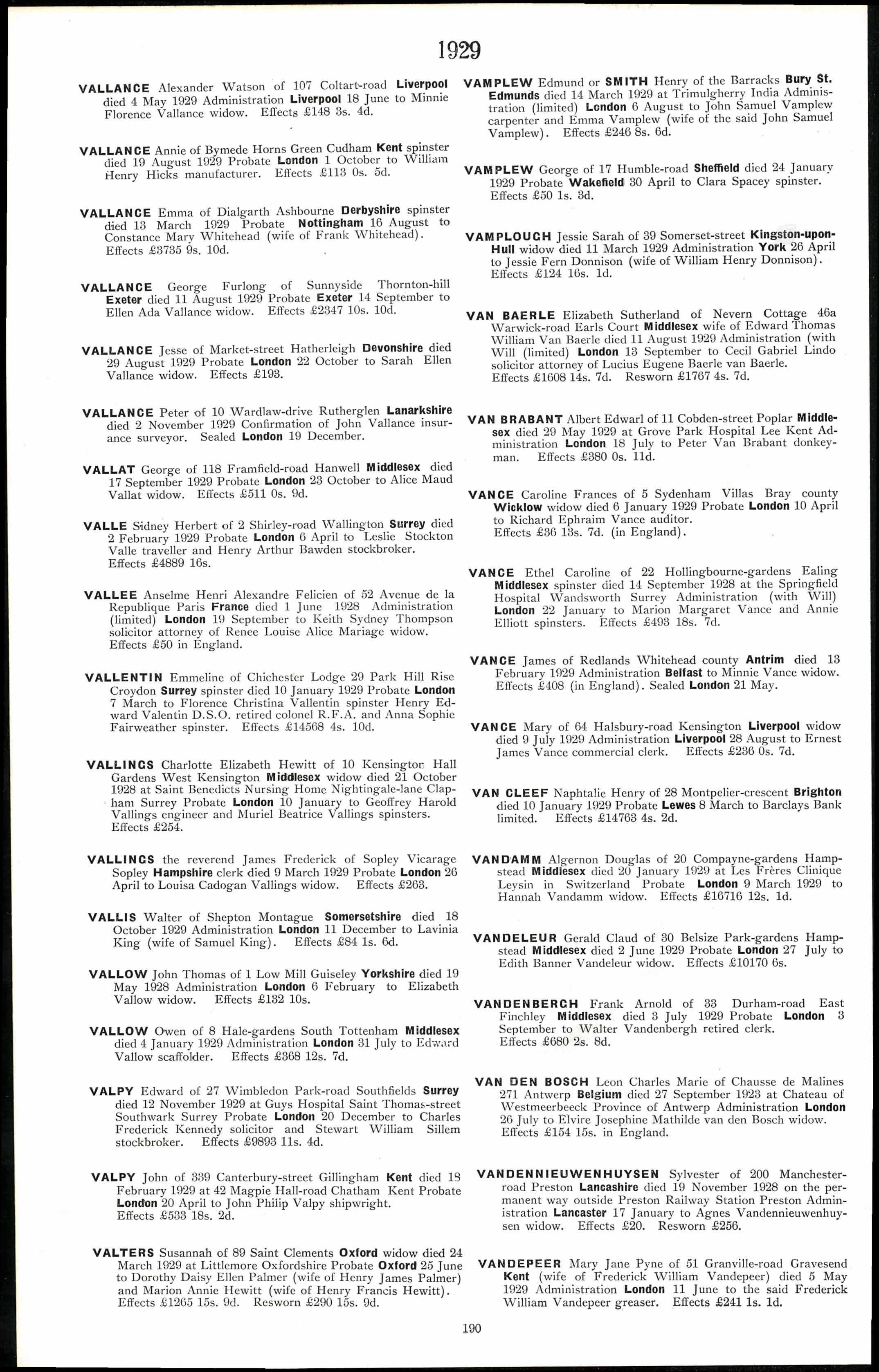 England & Wales National Probate Calendar Index — Vallance, Peter, d.1929 Lanarkshire (21138 KB) England & Wales, National Probate Calendar (Index of Wills and Administrations), 1858 –1966; entry for Peter Vallance, d. 2 Nov 1929 Lanarkshire, probate 19 Dec 1929 in London Registry. (Click on Picture to View Full Size) picture