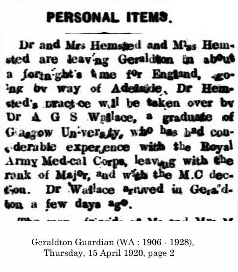 Arrival of the A. G. S. Wallace family in Geraldton, Western Australia (794 KB) 1920 Image from page 2 of the Geraldton Guardian (Geraldton, Western Australia : 1906 - 1928) on Thursday, 15 April 1920 (Click on Picture to View Full Size) picture