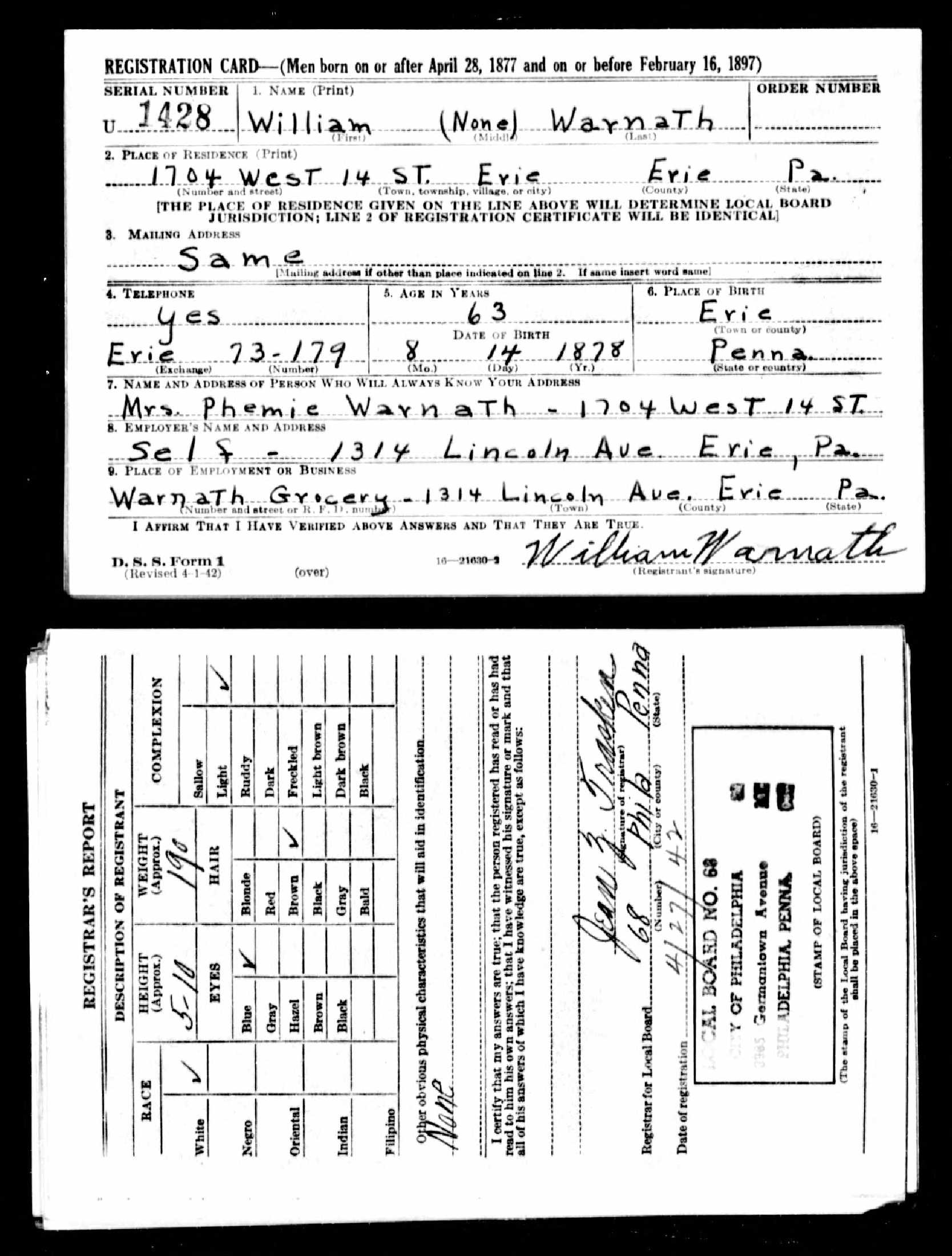 William Warnath WW2 draft registration card (3583 KB) 27 April 1942 William Warnath, b. 14 Aug 1878 — WW2 draft registration card (Click on Picture to View Full Size) picture