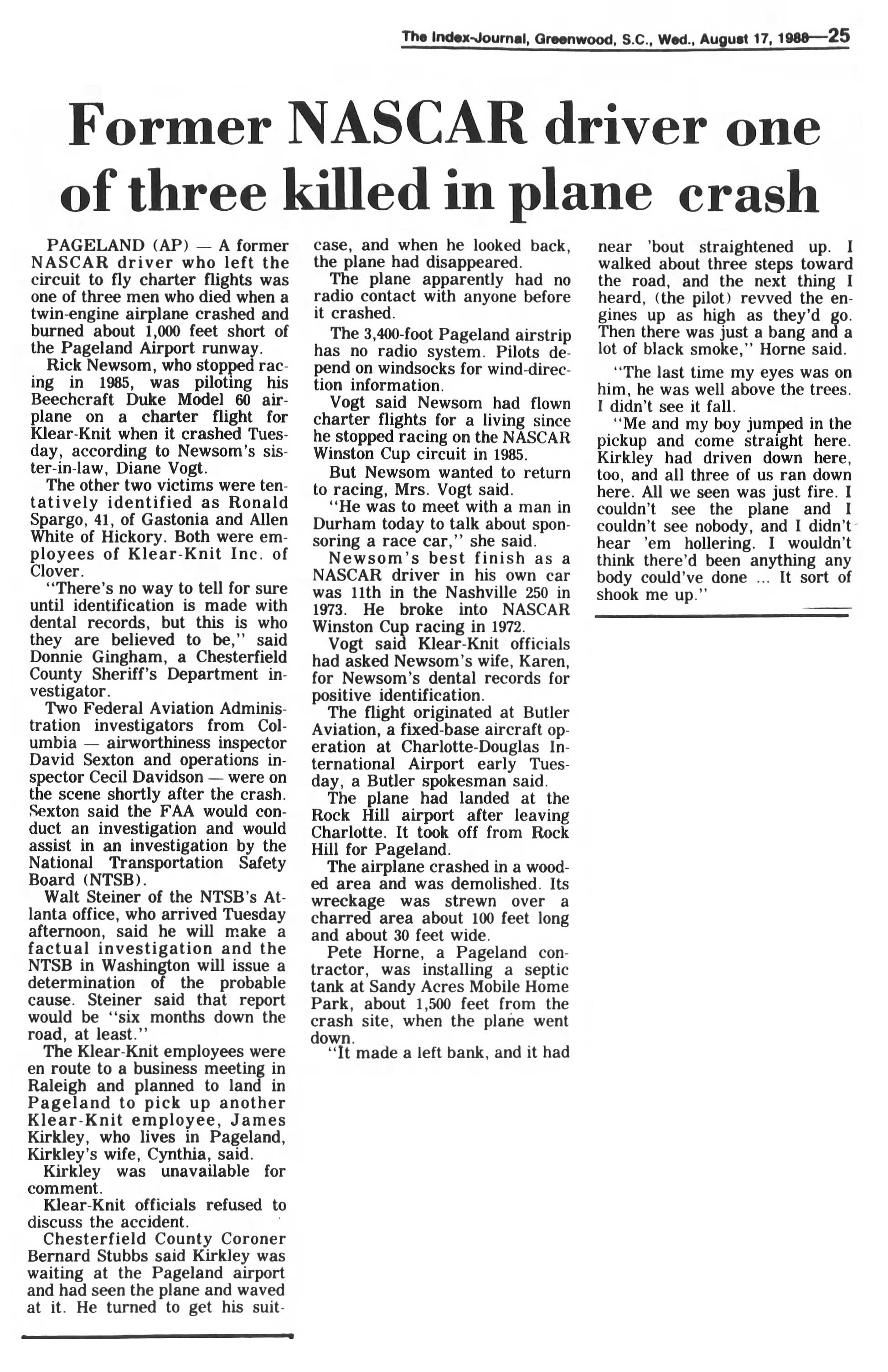 Former NASCAR driver one of three killed in plane crash (17166 KB) 17 August 1988 from page 24 of the Index-Journal (Greenwood, SC) on Wednesday, 17 August 1988 (Click on Picture to View Full Size) picture