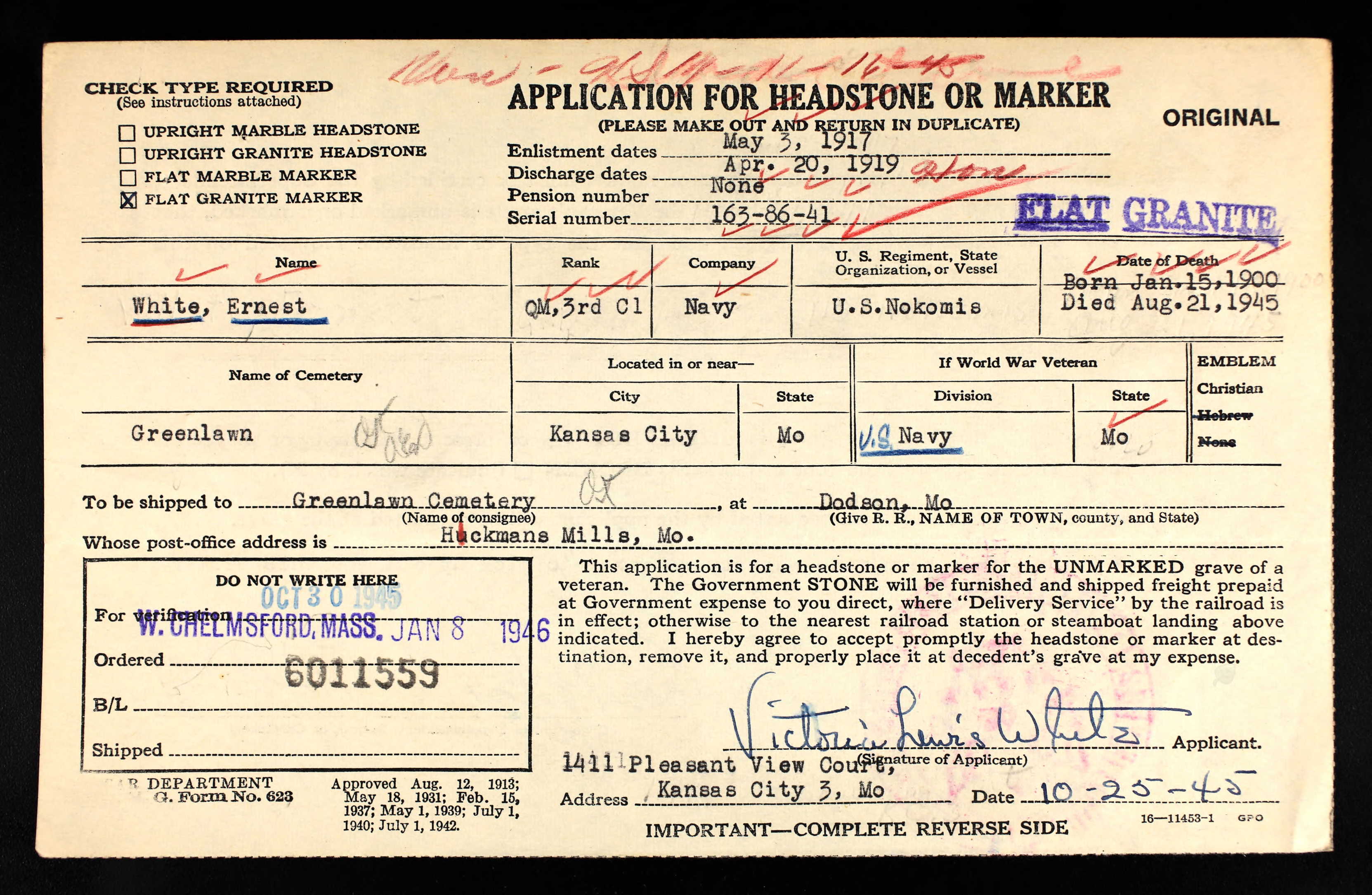 Summary of Ernest's military service on his application for a military headstone (21144 KB) 1945 (Click on Picture to View Full Size) picture