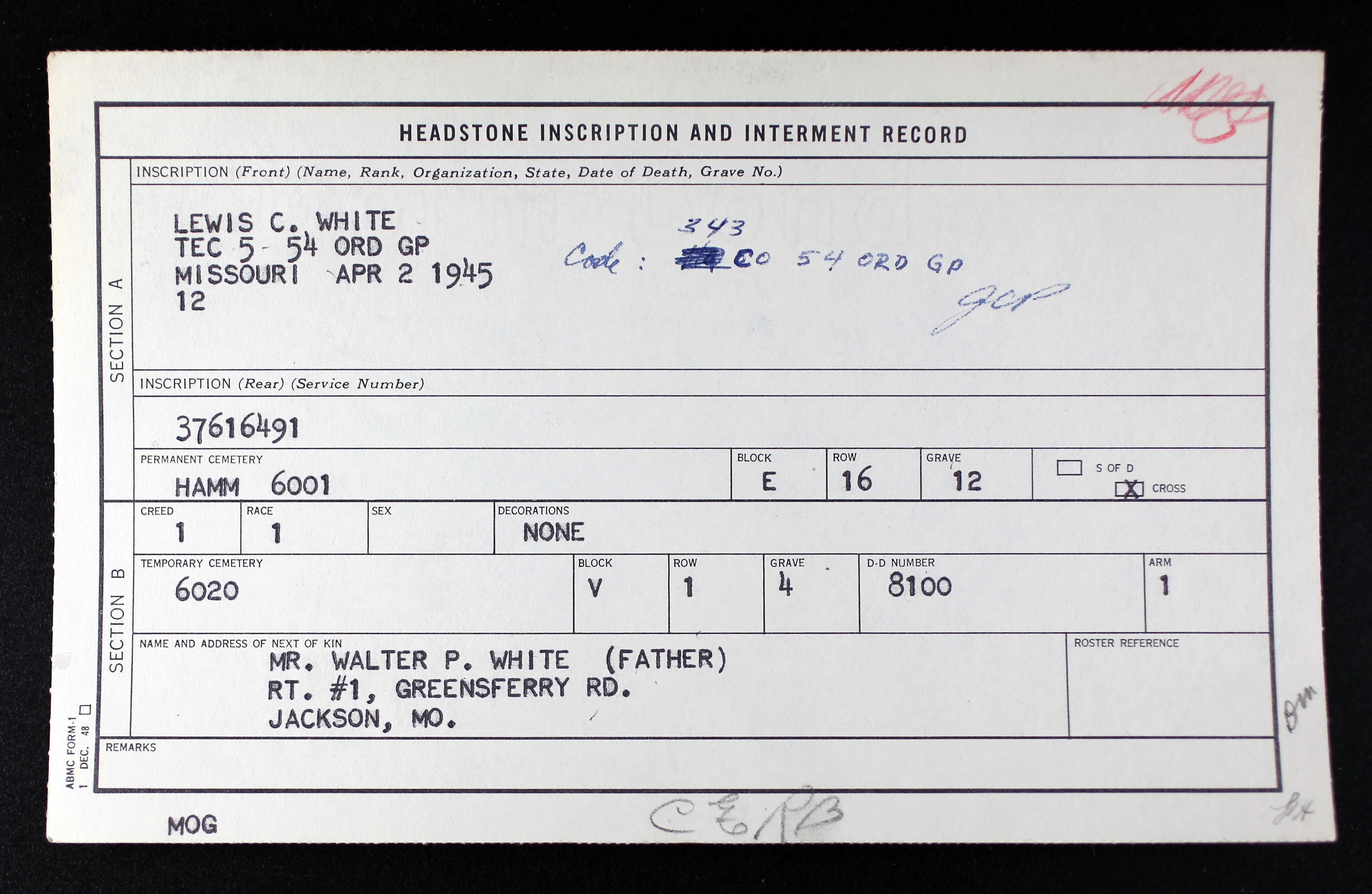 Lewis C. White interment record for Luxembourg American Cemetery (30485 KB) (Click on Picture to View Full Size) picture