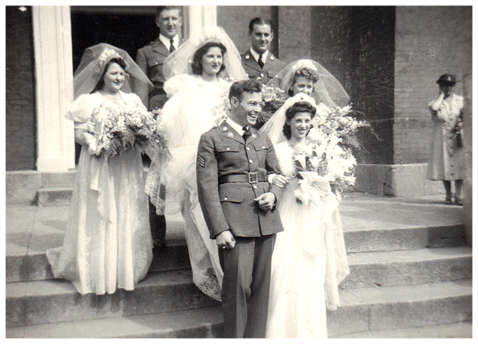 The Wedding Party (1854 KB) 6 June 1942 Photo originally submitted by whiteaustintx to the Sorenson Family Tree on 09 May 2012; cropped and slightly edited for better contrast and color by KMH. (Click on Picture to View Full Size) picture