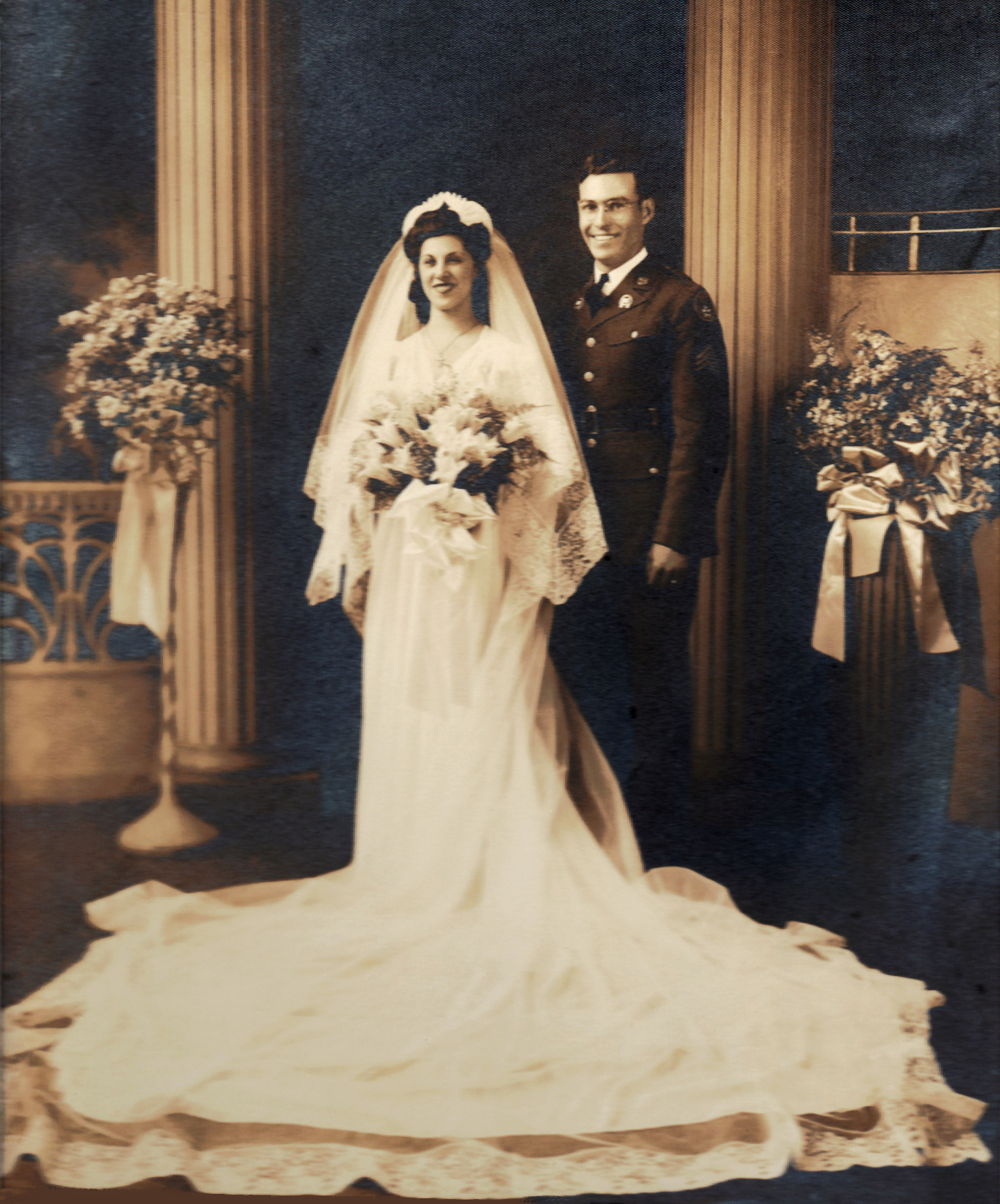 Wedding photo of Jennie Russo and Lowell White Jr. (15559 KB) 6 June 1942 Photo originally submitted by whiteaustintx to the Sorenson Family Tree on 12 Sep 2012; cropped and slightly edited for better contrast and color by KMH. (Click on Picture to View Full Size) picture
