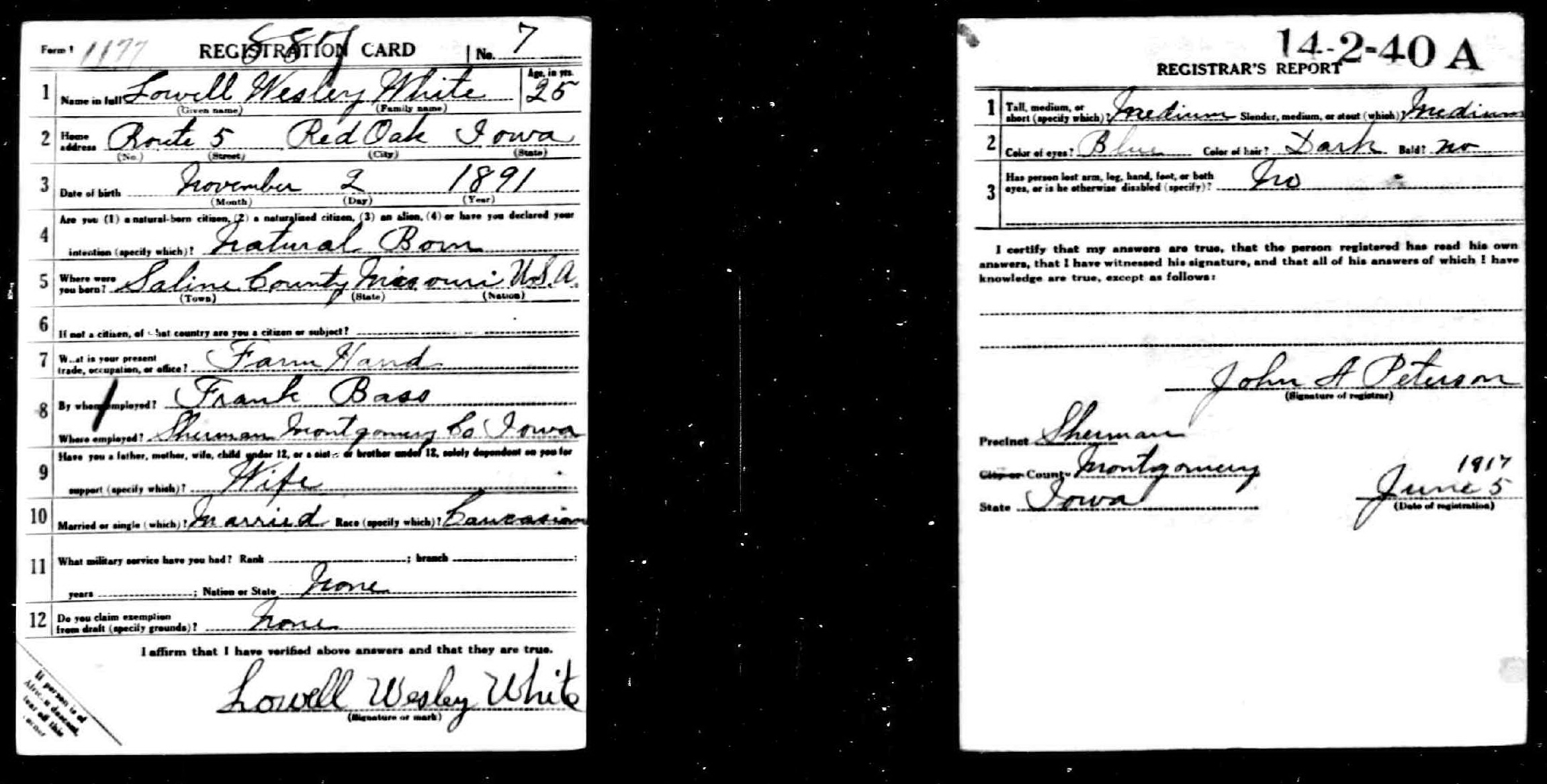 Lowell Wesley White — WWI draft registration card (7890 KB) 5 June 1917 (Click on Picture to View Full Size) picture