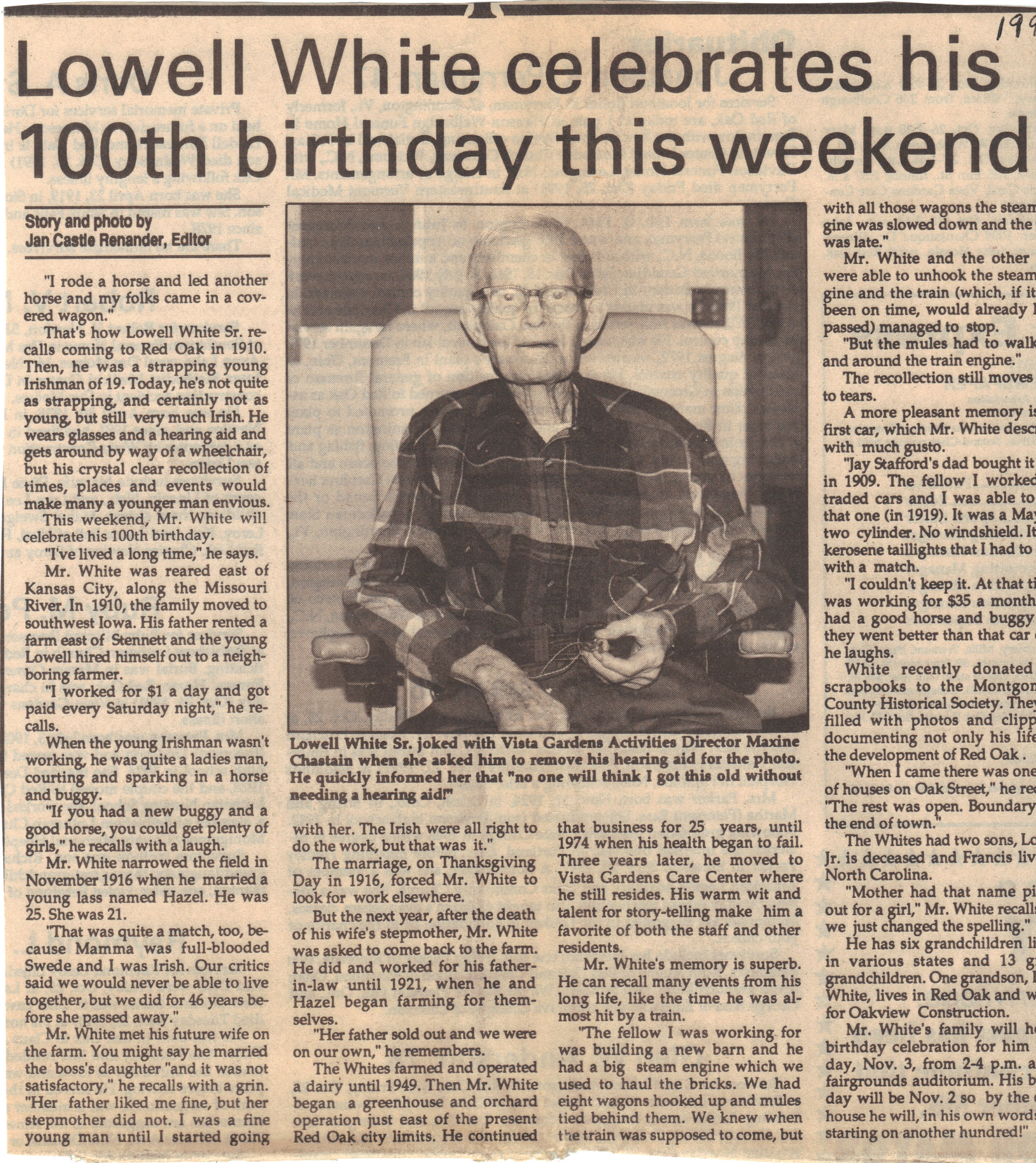 Lowell White celebrates his 100th birthay this weekend (20823 KB) Abt 1 November 1991 Clipping from an unknown newspaper. Lowell White Sr whiteaustintx originally shared this 05 May 2012 Portrait / Family Photo (Click on Picture to View Full Size) picture