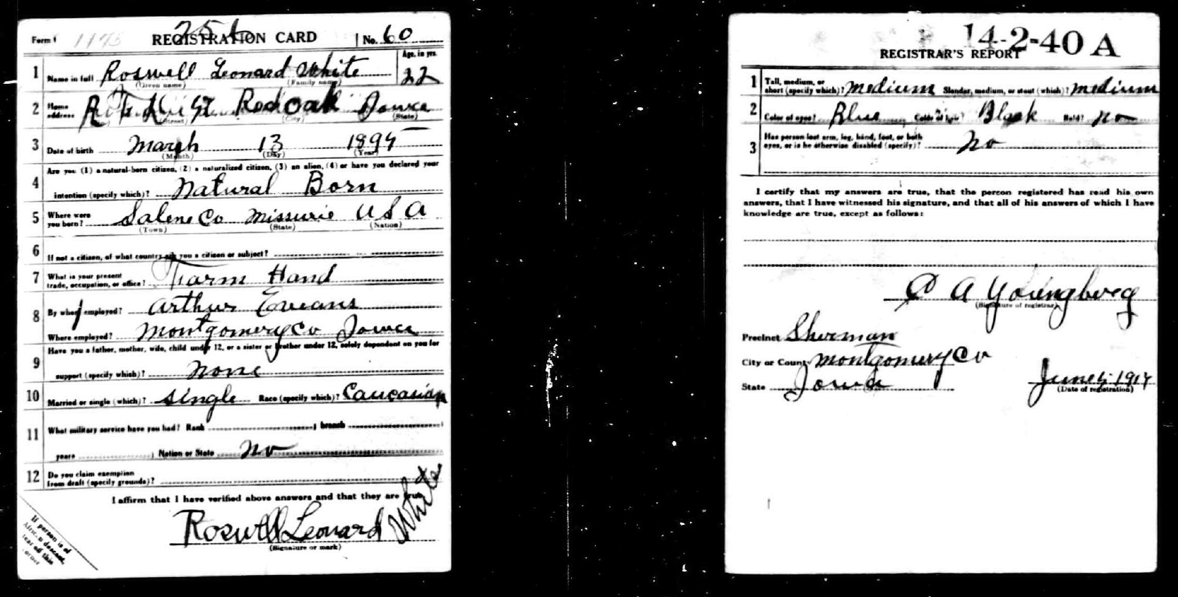 Roswell Leonard White — WWI draft registration card (7890 KB) 5 June 1917 (Click on Picture to View Full Size) picture