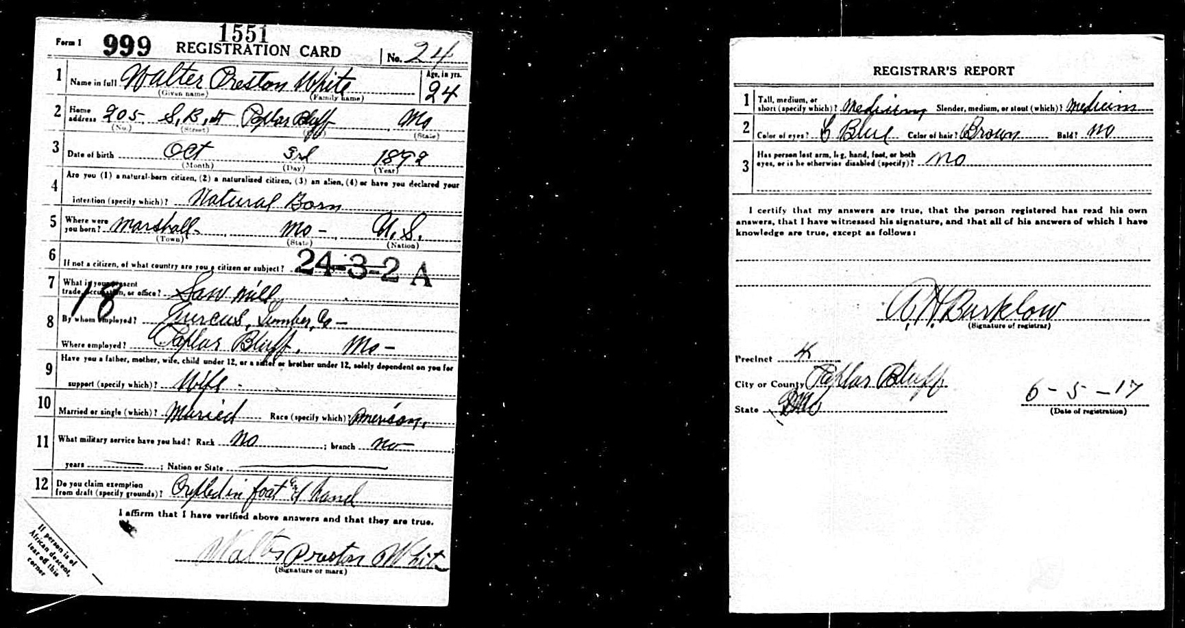 Walter Preston White — WWI draft registration card (1549 KB) 5 June 1917 Walter Preston White, b. 3 Oct 1892 in Marshall, Missouri, registration in Poplar Bluff, Butler County, Missouri, USA, Roll No. 1683154. (Click on Picture to View Full Size) picture