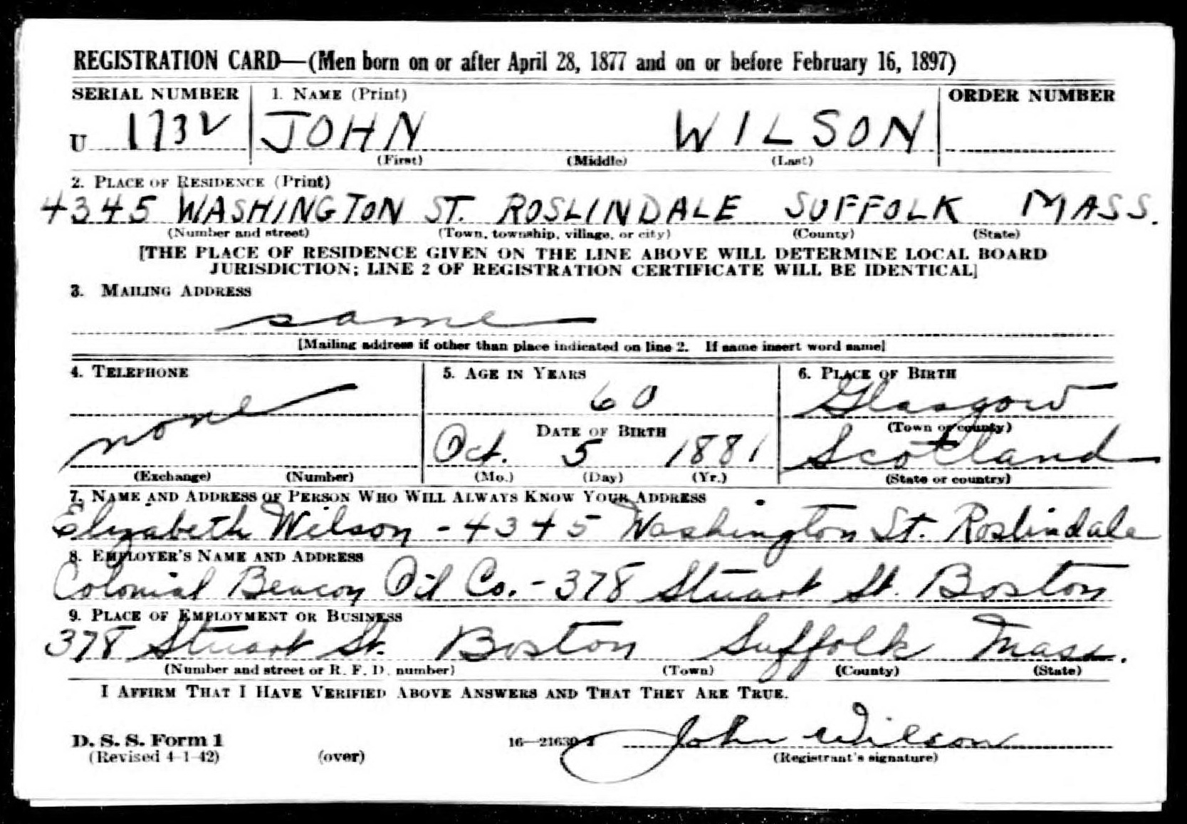 John Wilson, b. 5 Oct 1881 — WWII draft card, page 1 of 2 (1886 KB) 26 April 1942 (Click on Picture to View Full Size) picture
