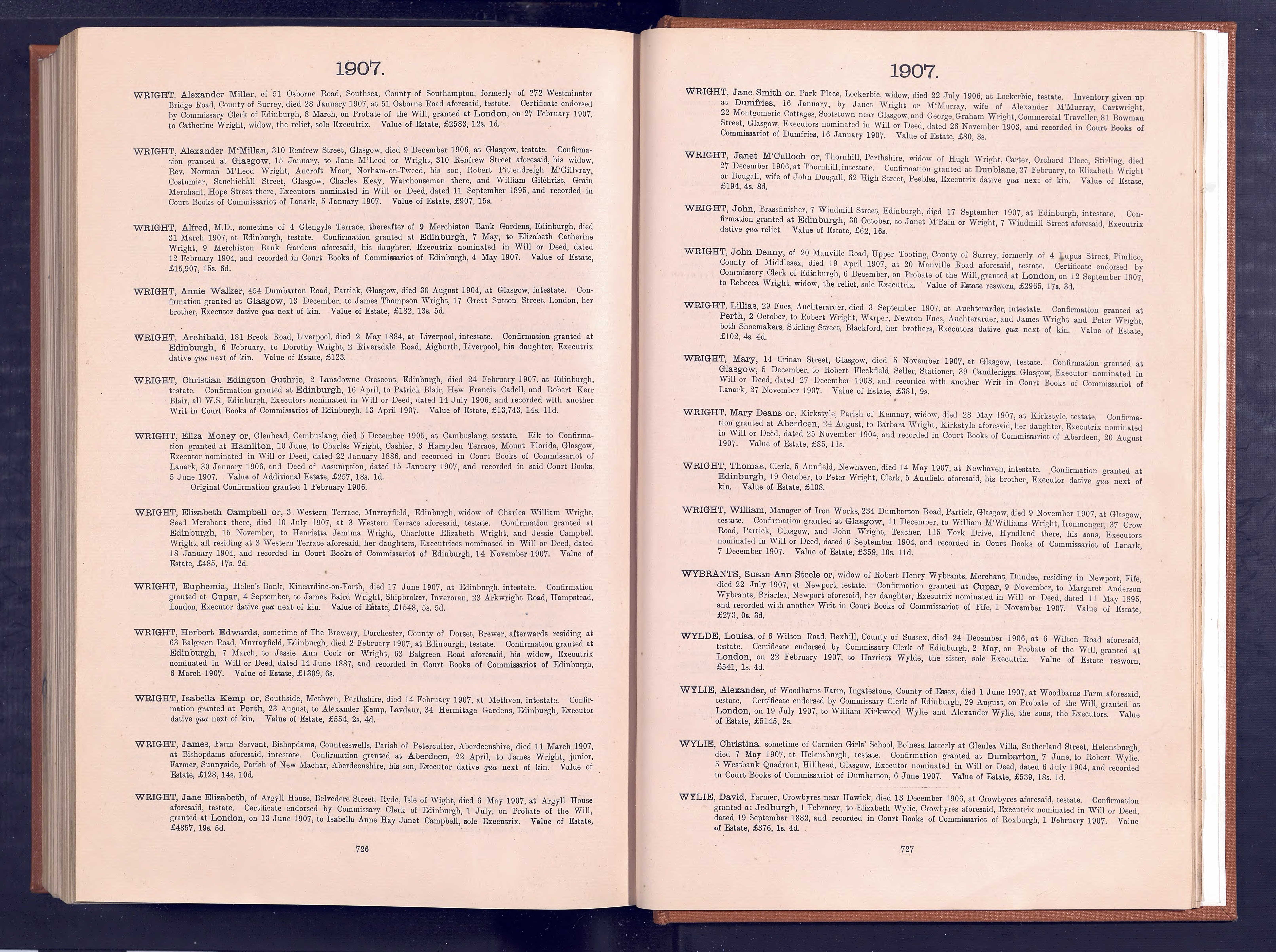 Scotland National Probate Index — Wright, Alexander Miller (90948 KB) 1907 Scotland, National Probate Index entry for Alexander Miller Wright, died 28 Jan 1907 in County of Southampton, Confirmation 8 March 1907 in London. (Click on Picture to View Full Size) picture