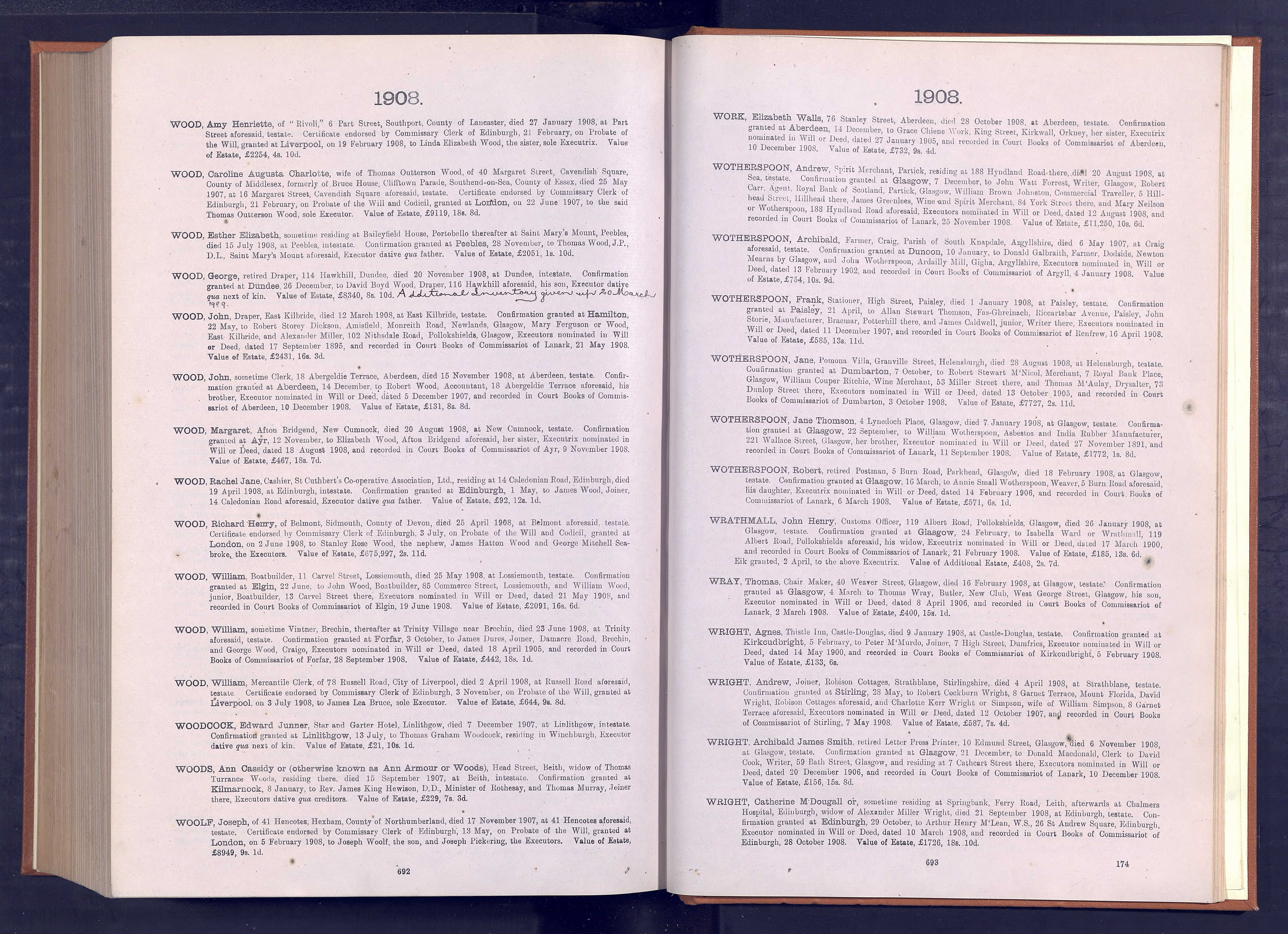 Scotland National Probate Index — Wright, Catherine M'Dougall (91442 KB) 1908 Scotland, National Probate Index entry for Catherine M'Dougall or Wright, died 21 Sep 1908 in Edinburgh, Confirmation 29 Oct 1908 in Edinburgh. (Click on Picture to View Full Size) picture
