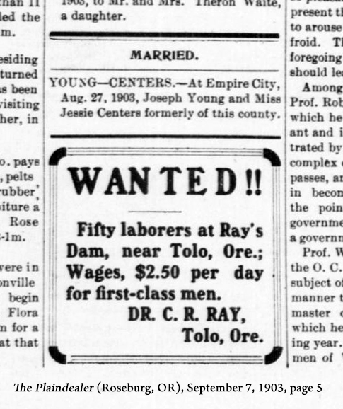 Joseph Young and Jessie Centers marriage notice (822 KB) 7 September 1903 from page 5 of The Plaindealer (Roseburg, OR) on 7 Sep 1903 (Click on Picture to View Full Size) picture